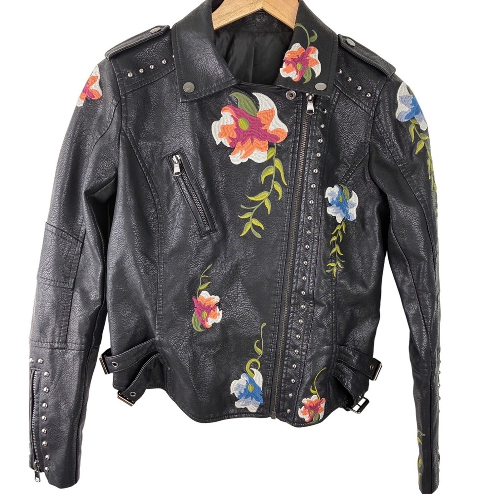 Boho Floral Embroidered Moto Jacket Black Faux Leather Studded Biker Size S - Picture 5 of 11
